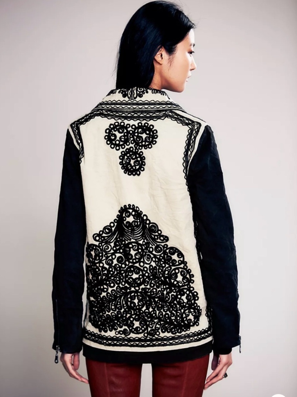 Free People Black & Tan Boho Embroidered Stitch Quills jacket Size Medium - Picture 2 of 10